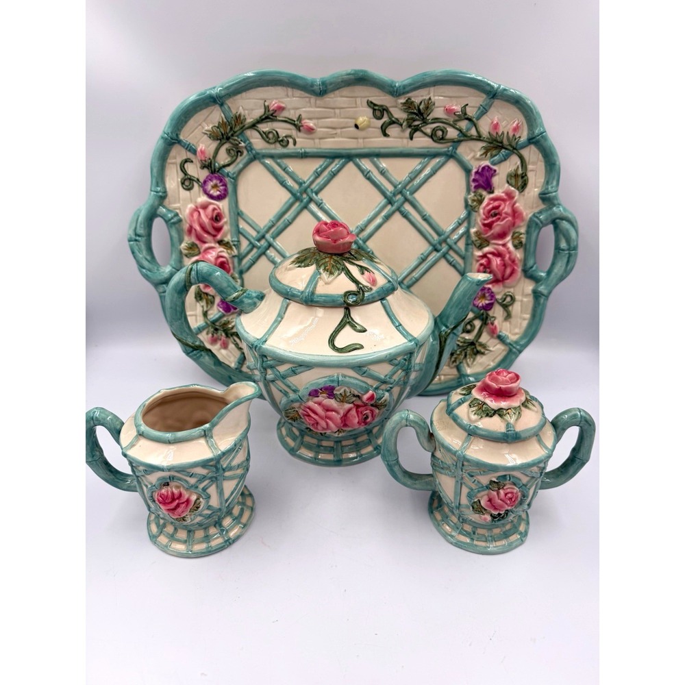 VTG Fitz & Floyd Brittany Omnibus Rose Trellis Tea Set Teapot Tray Creamer Sugar